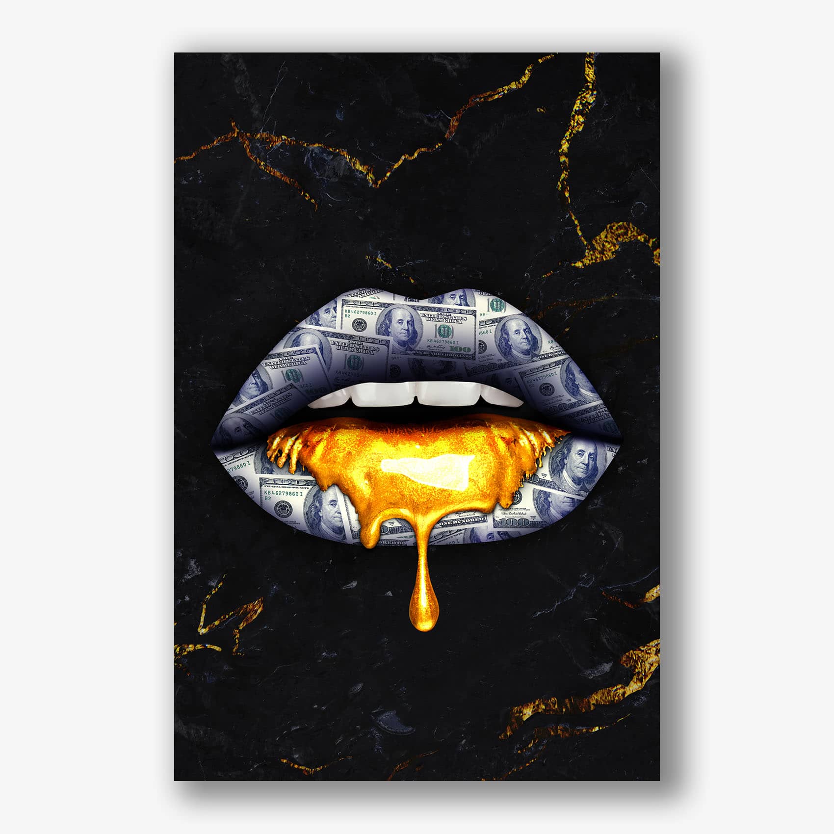 Canvas schilderij met gouden lippen en dollarbiljet als achtergrond.