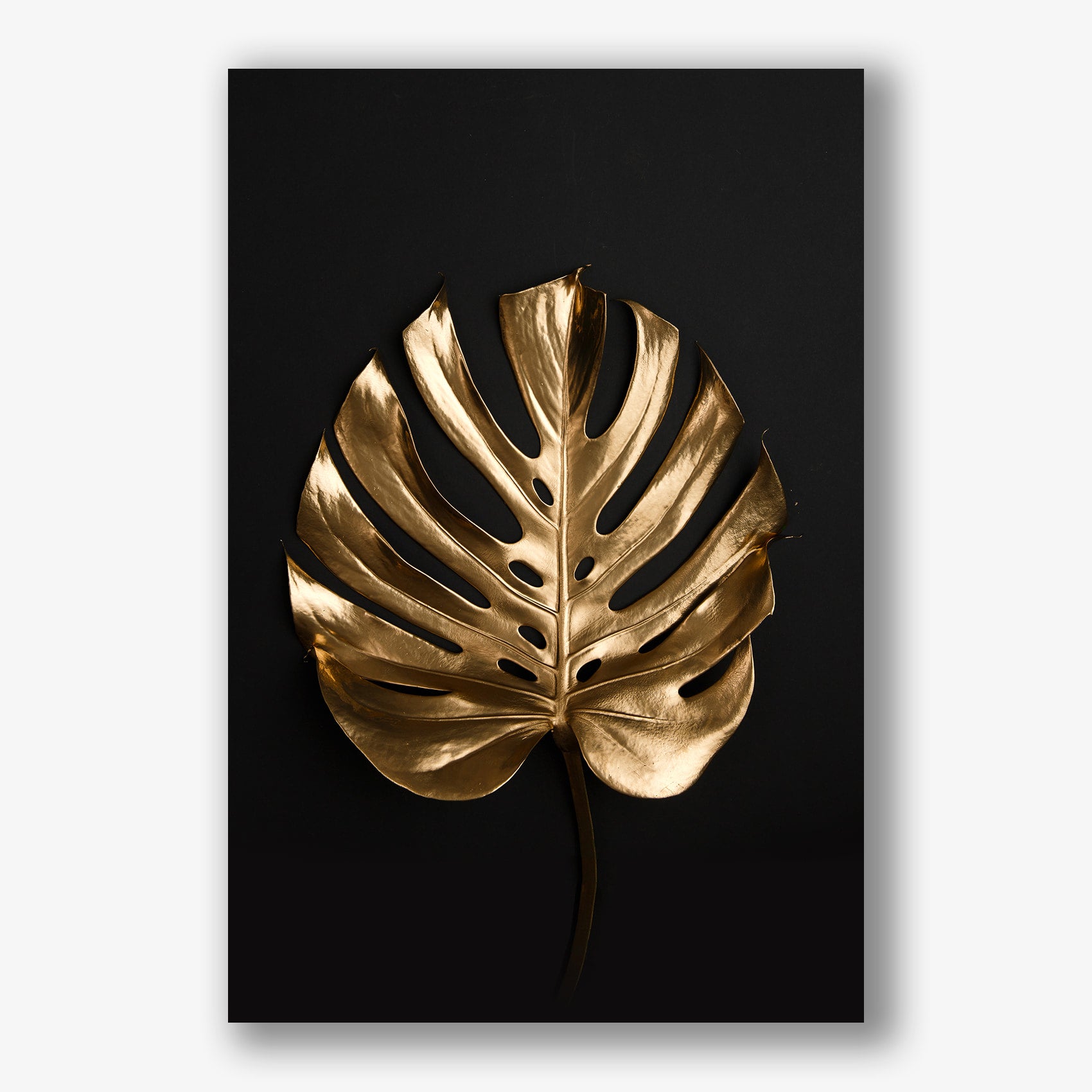 Goudkleurig monstera blad schilderij op zwarte achtergrond 