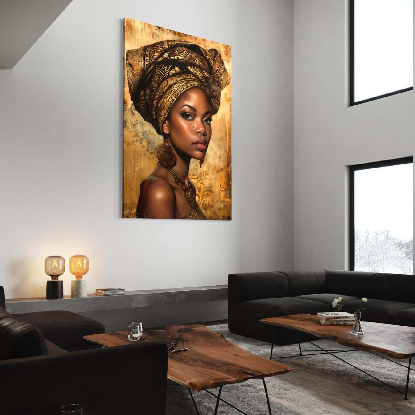 Luxe wanddecoratie van vrouwelijk portret in gouden tinten in moderne woonkamer.