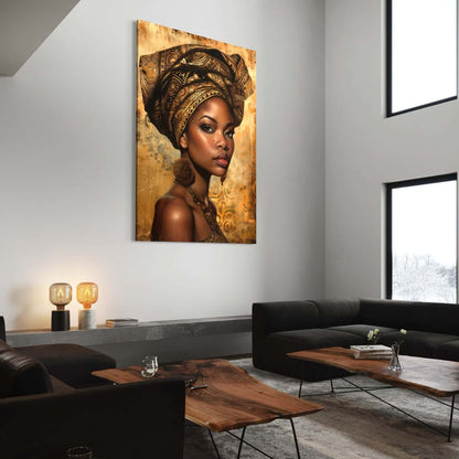 Luxe wanddecoratie van vrouwelijk portret in gouden tinten in moderne woonkamer.
