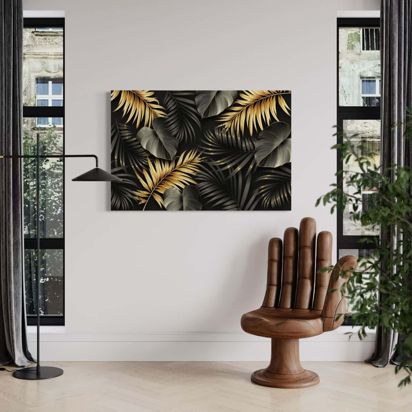Moderne dibond wanddecoratie met gouden bladeren in een urban interieur.