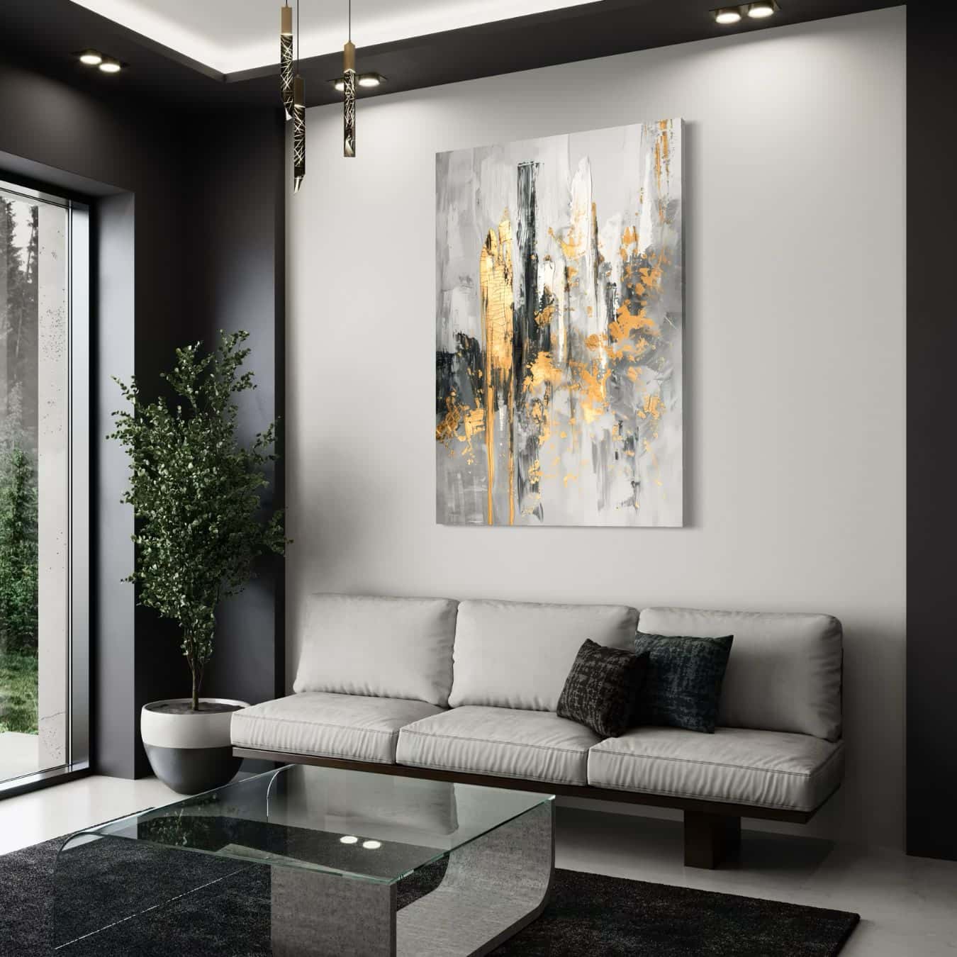 Luxe abstract schilderij met gouden accenten in stijlvolle haardruimte