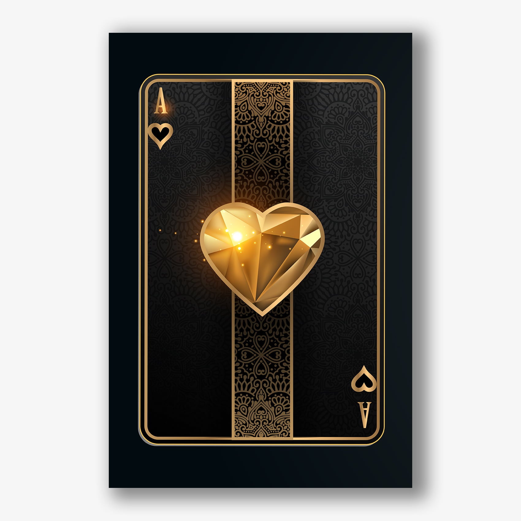 Gouden harten aas als kunstwerk gedrukt op zwart dibond paneel.