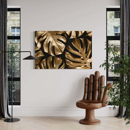 gouden schilderij van monstera bladeren in luxe woonruimte