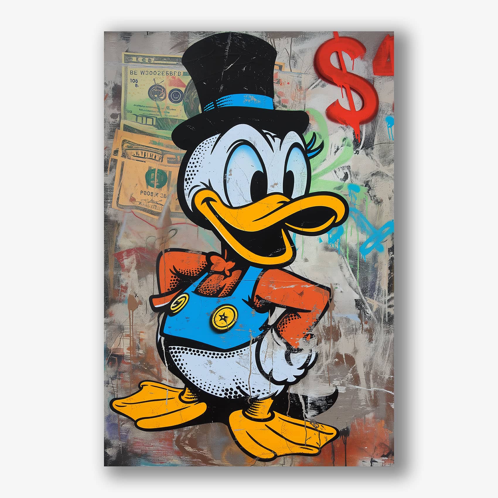 Popart schilderij van cartoon eend met graffiti stijl op canvas.