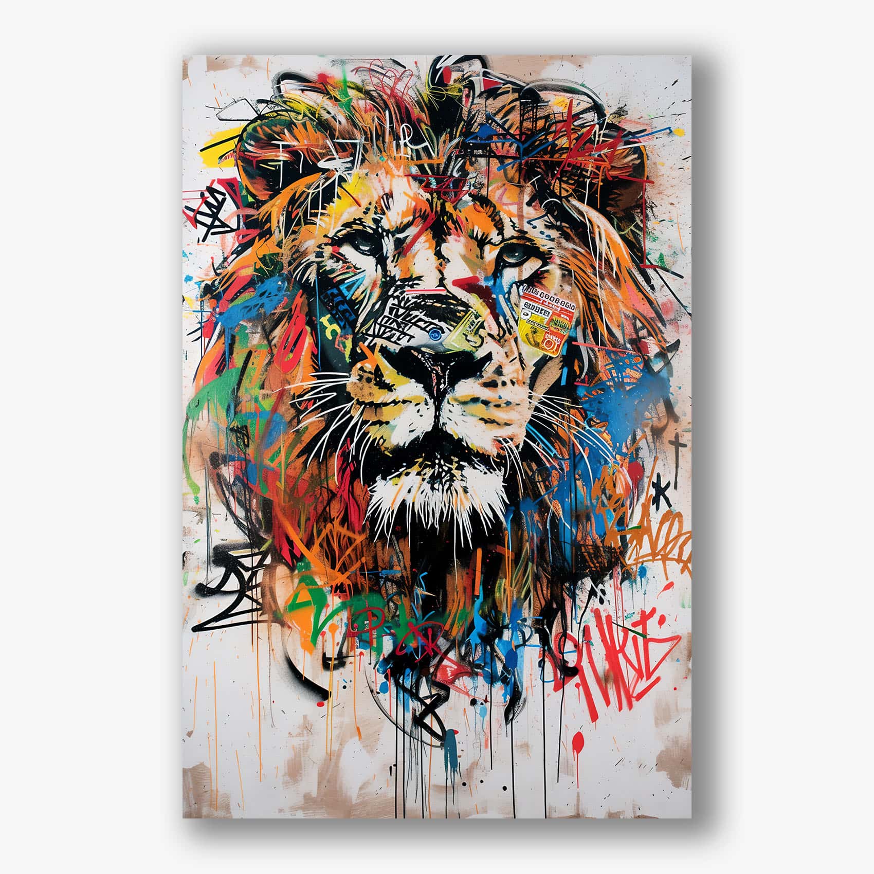 Graffiti kunstwerk van leeuw met kleurrijke spetters en abstracte vormen