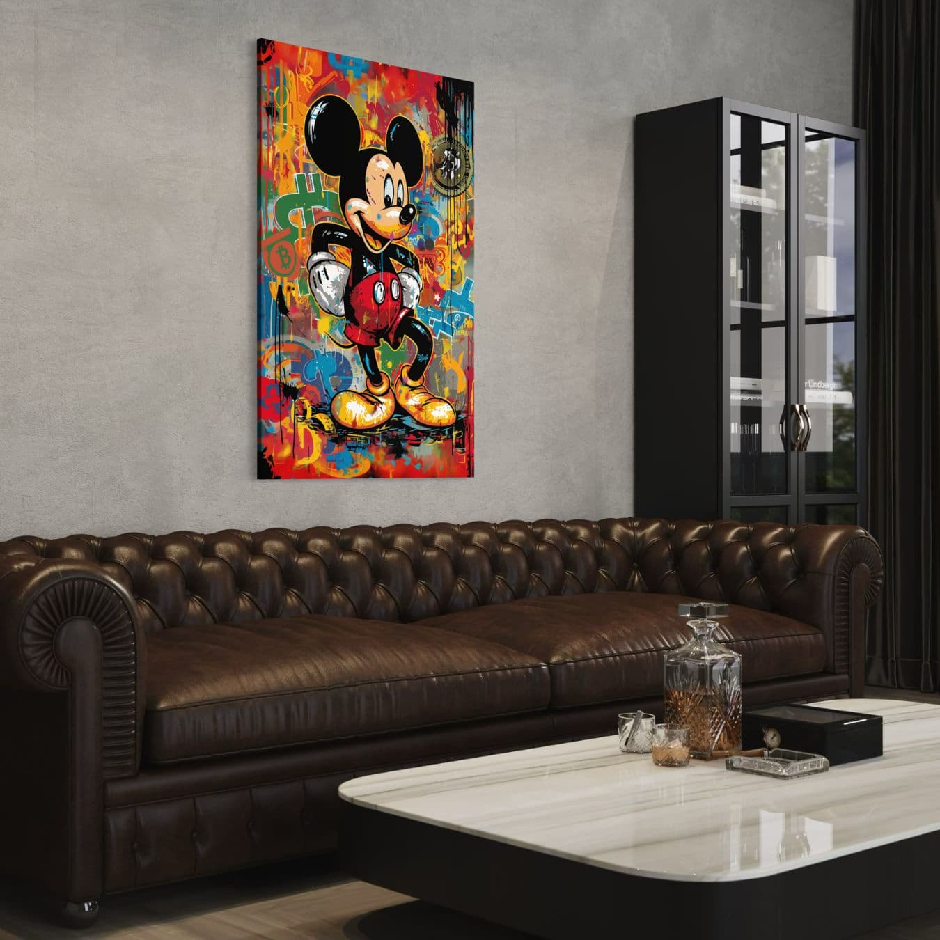 Graffiti stijl schilderij op dibond in modern strak interieur.