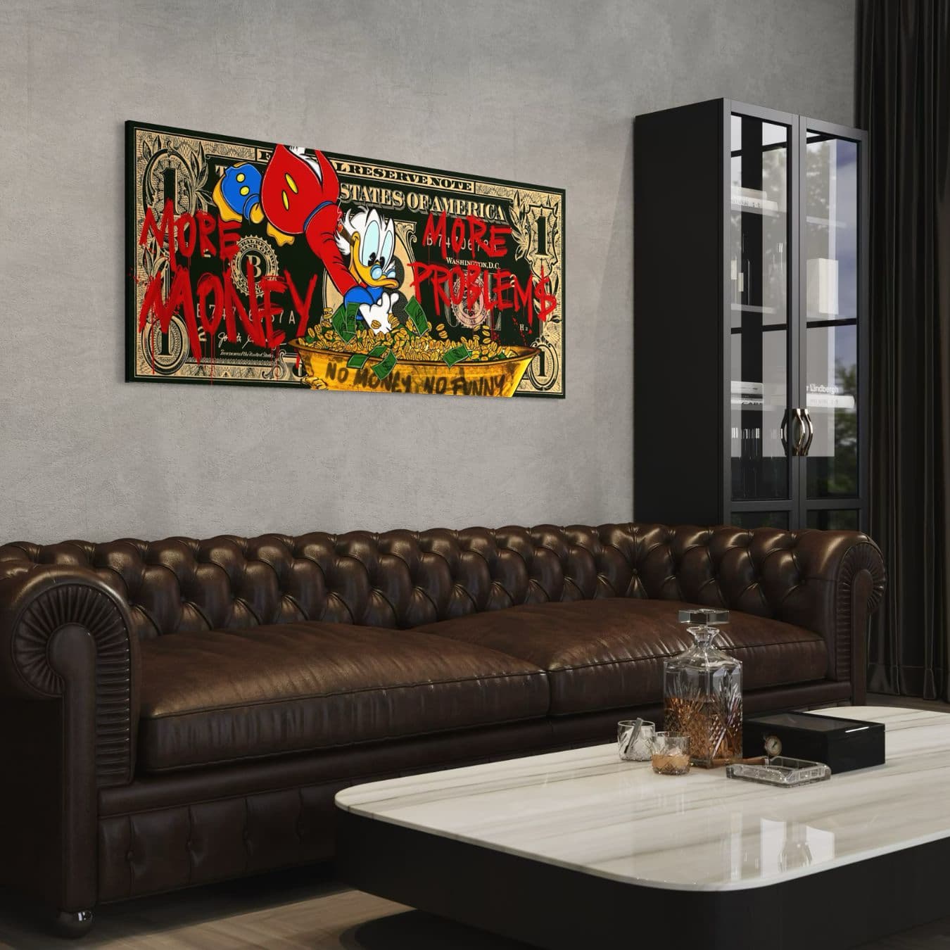 Graffiti schilderij met geld, eend en dollarthema boven leren bank interieur