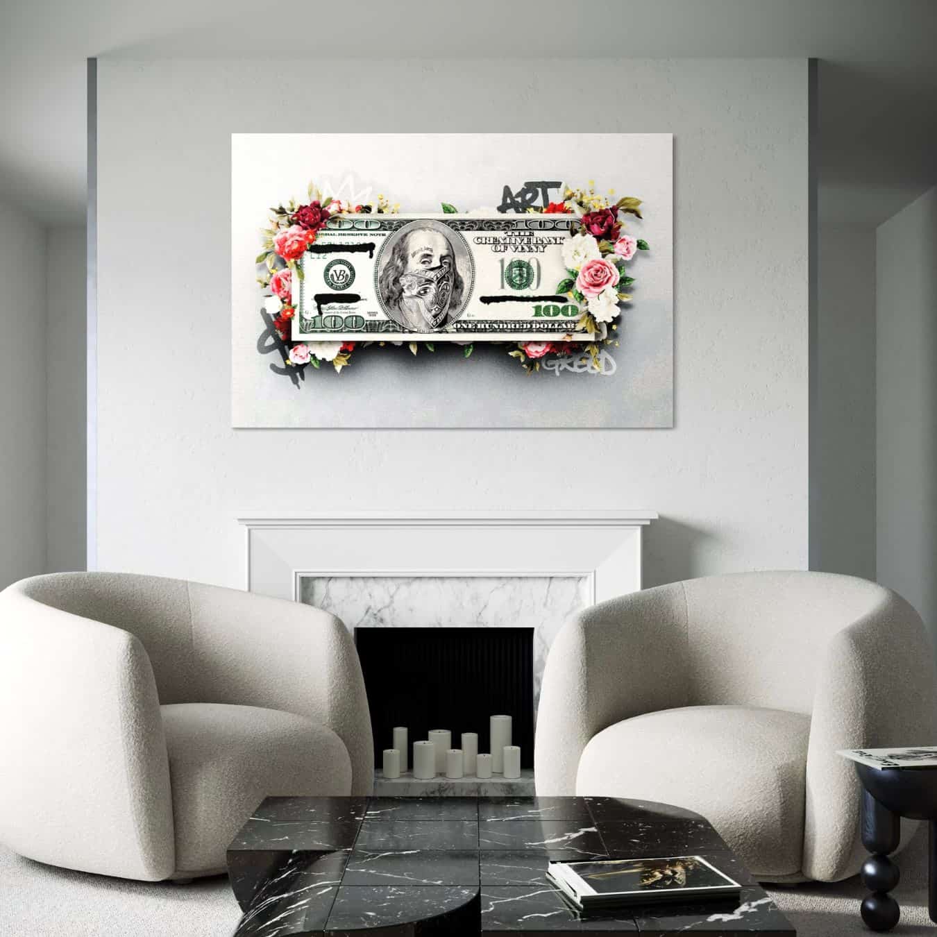 Schilderij met bloemen en geld als unieke wanddecoratie boven haard