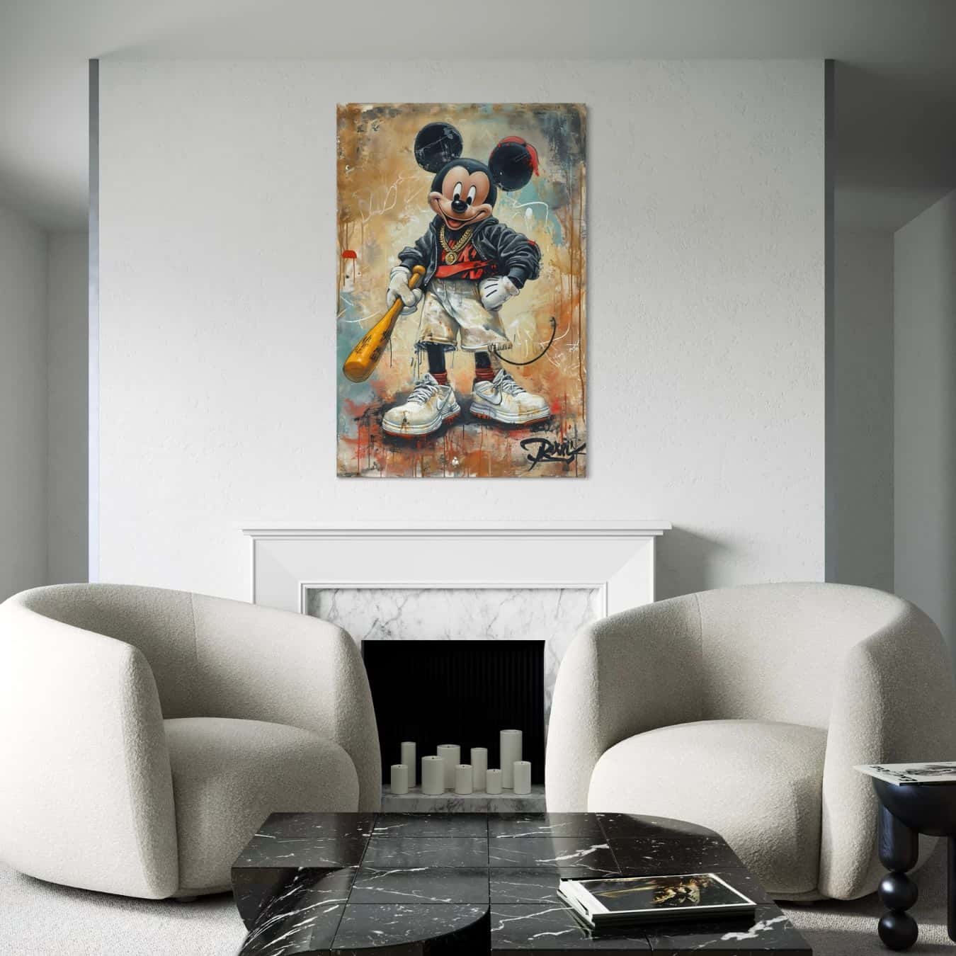 Canvas schilderij van stoere Mickey Mouse in modern interieur geplaatst