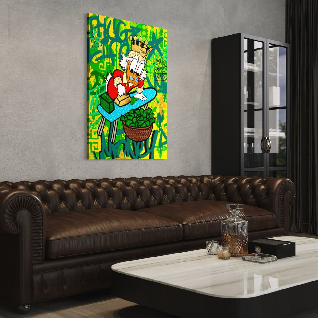 Graffiti schilderij met cartoonfiguur en geld in industrieel interieur.