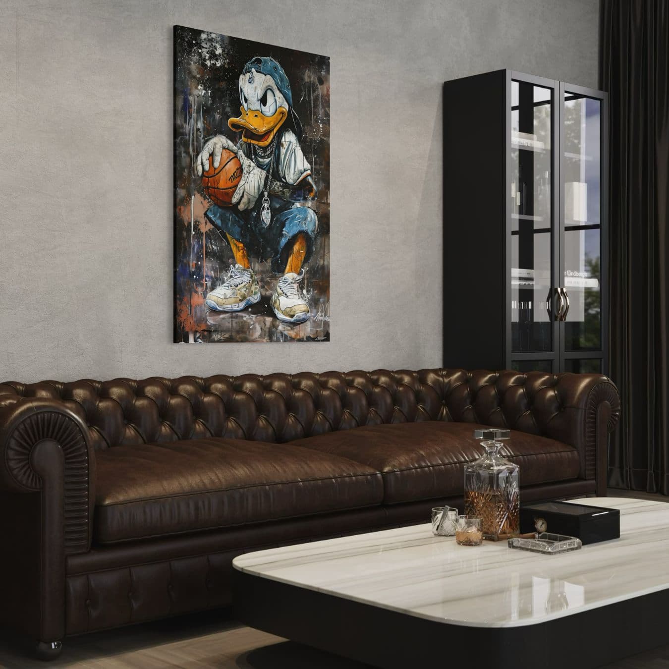 Graffiti schilderij met Donald Duck en basketbal in stoere woonkamer