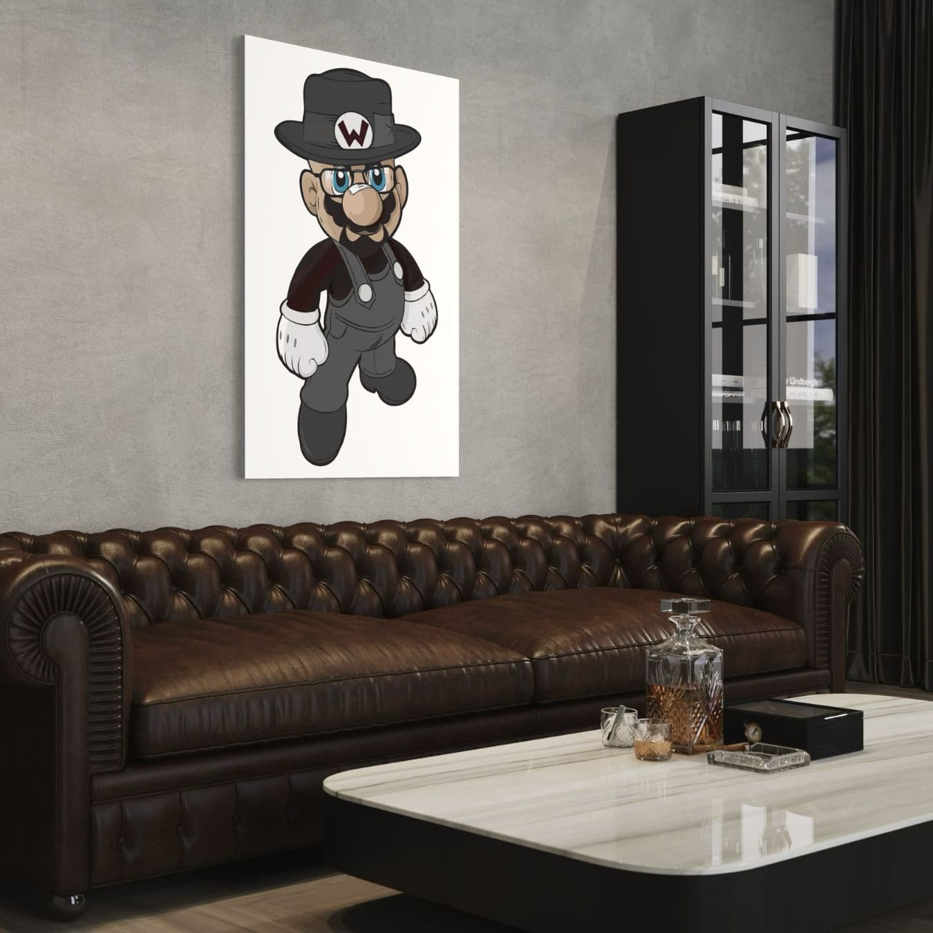 Kunstwerk met cartoonfiguur op dibond boven bruine leren chesterfield