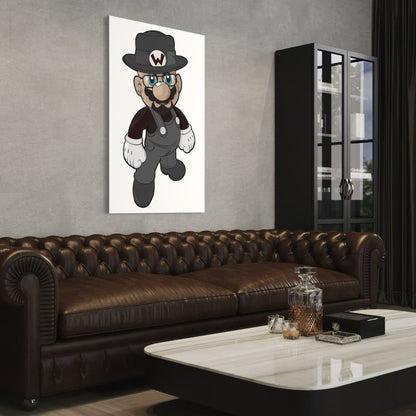 Kunstwerk met cartoonfiguur op dibond boven bruine leren chesterfield