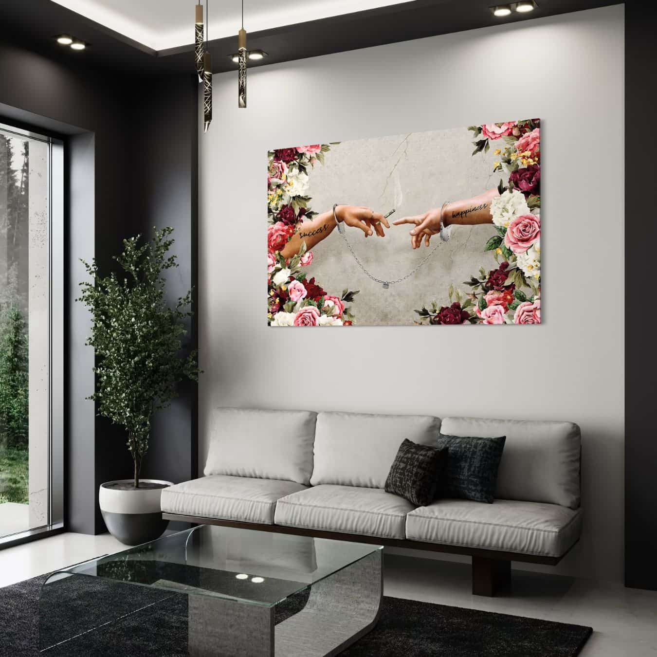 Plexiglas wanddecoratie met gebonden handen tussen bloemen en tekstdetails