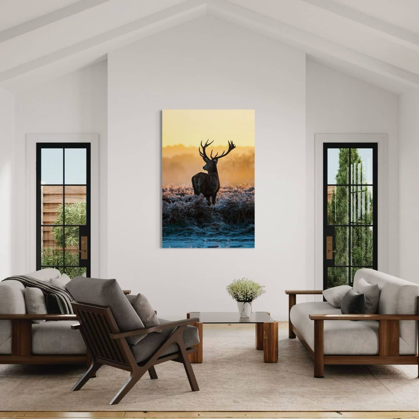 Canvas schilderij van edelhert in vroege ochtendzon