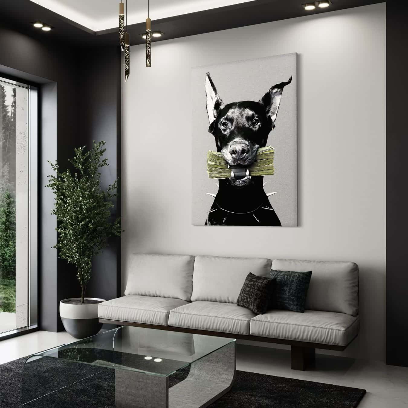 Canvas schilderij hond met geld in monochroom moderne woonkamer decoratie