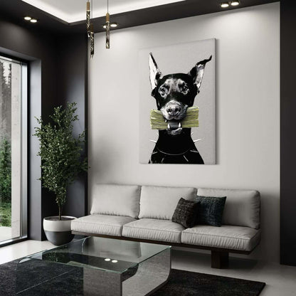 Canvas schilderij hond met geld in monochroom moderne woonkamer decoratie