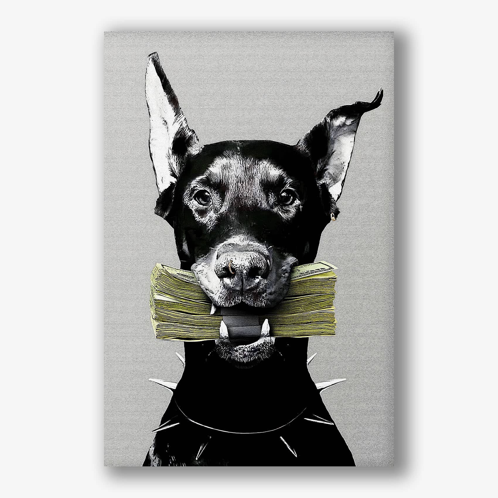 Zwart witte hond met geld in bek als modern kunstwerk