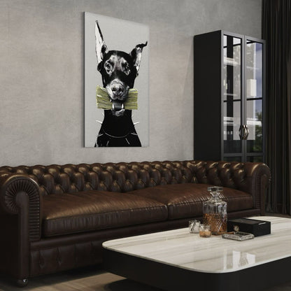 Schilderij hond met geld op dibond in industrieel interieur geplaatst