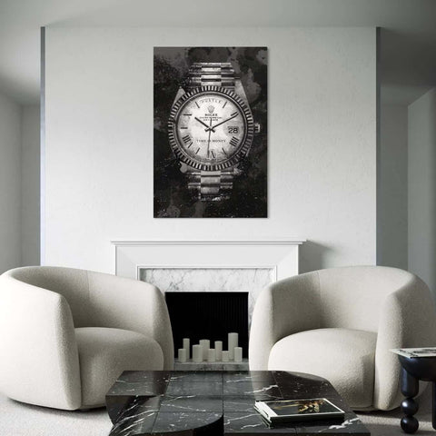 Zwart wit schilderij van Rolex met luxe uitstraling in strak interieur.