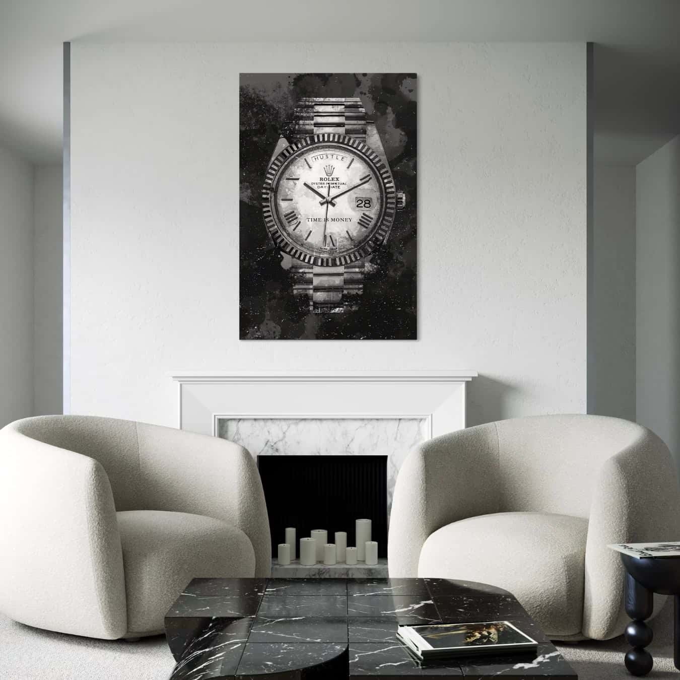 Zwart wit schilderij van Rolex met luxe uitstraling in strak interieur.