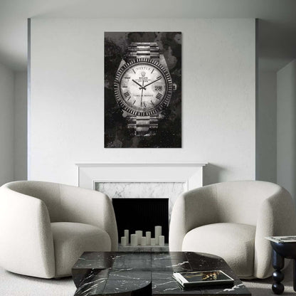 Zwart wit schilderij van Rolex met luxe uitstraling in strak interieur.