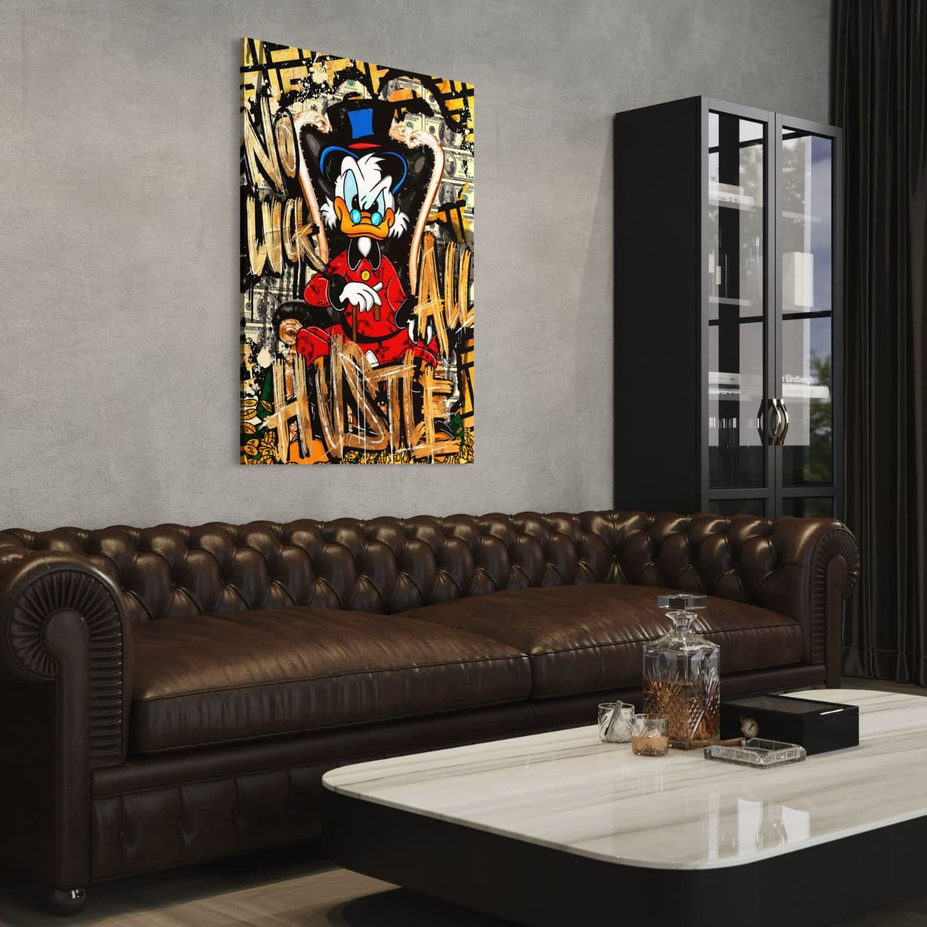 Stoere popart wanddecoratie met Dagobert op dibond in interieur