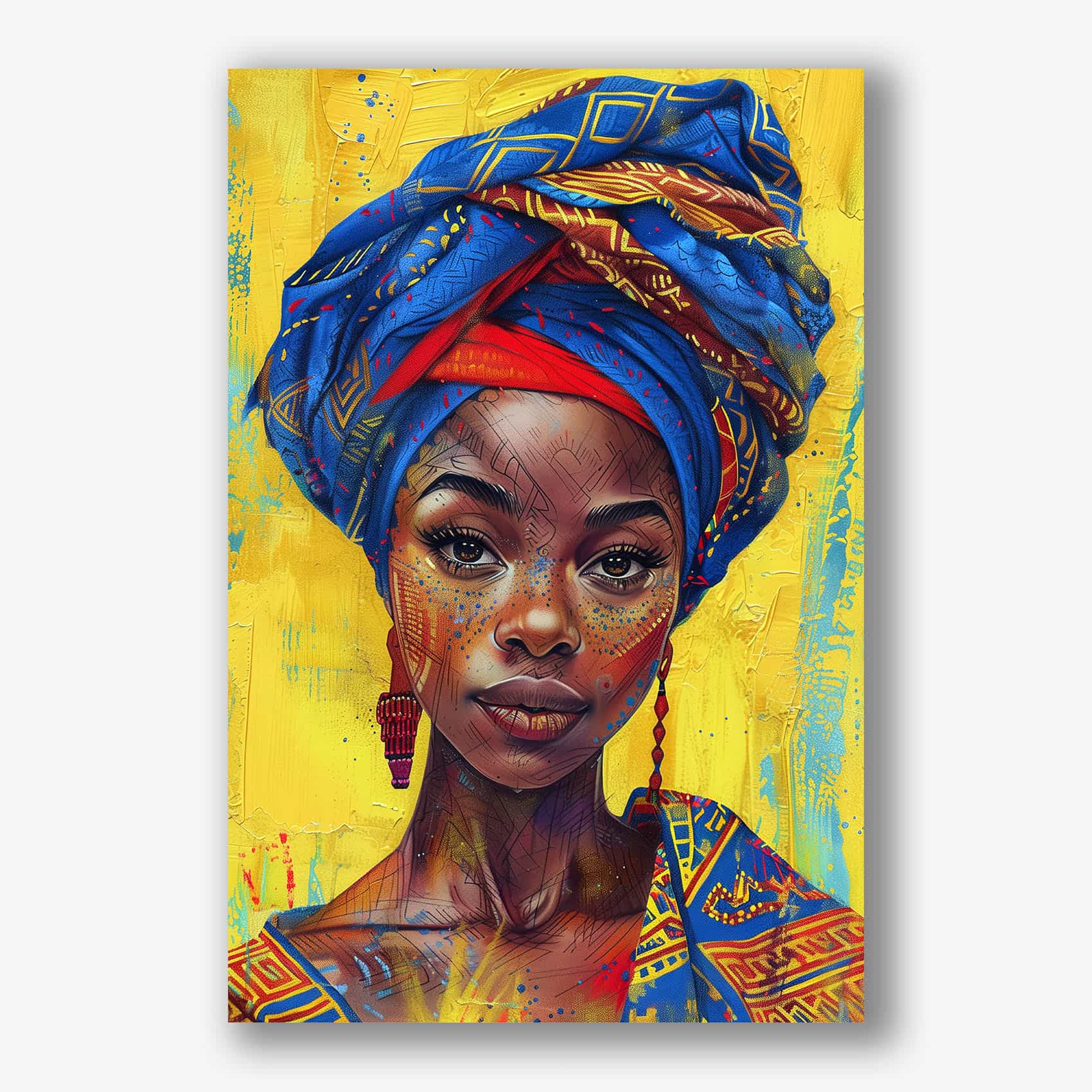 Schilderij van vrouw met expressieve blik, blauwe en rode hoofddoek en heldergele achtergrond.