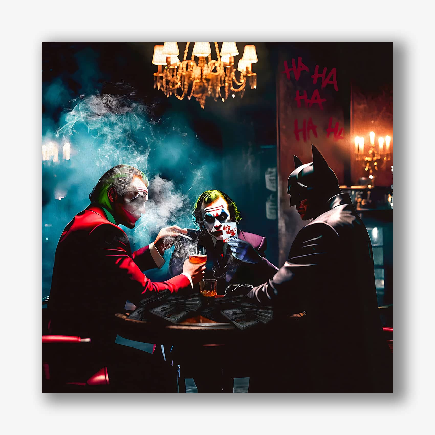 Canvas schilderij van Joker en Batman aan tafel in duister café