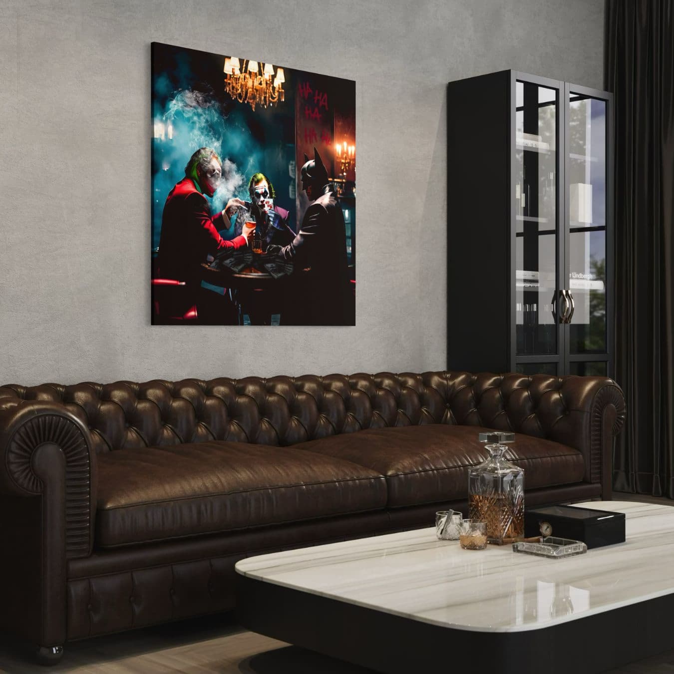 Stoere canvas muurdecoratie van Joker en Batman aan tafel met drank
