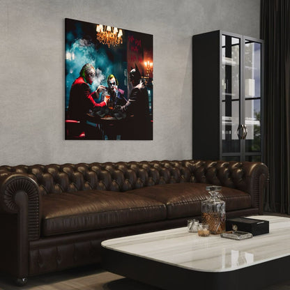 Stoere canvas muurdecoratie van Joker en Batman aan tafel met drank