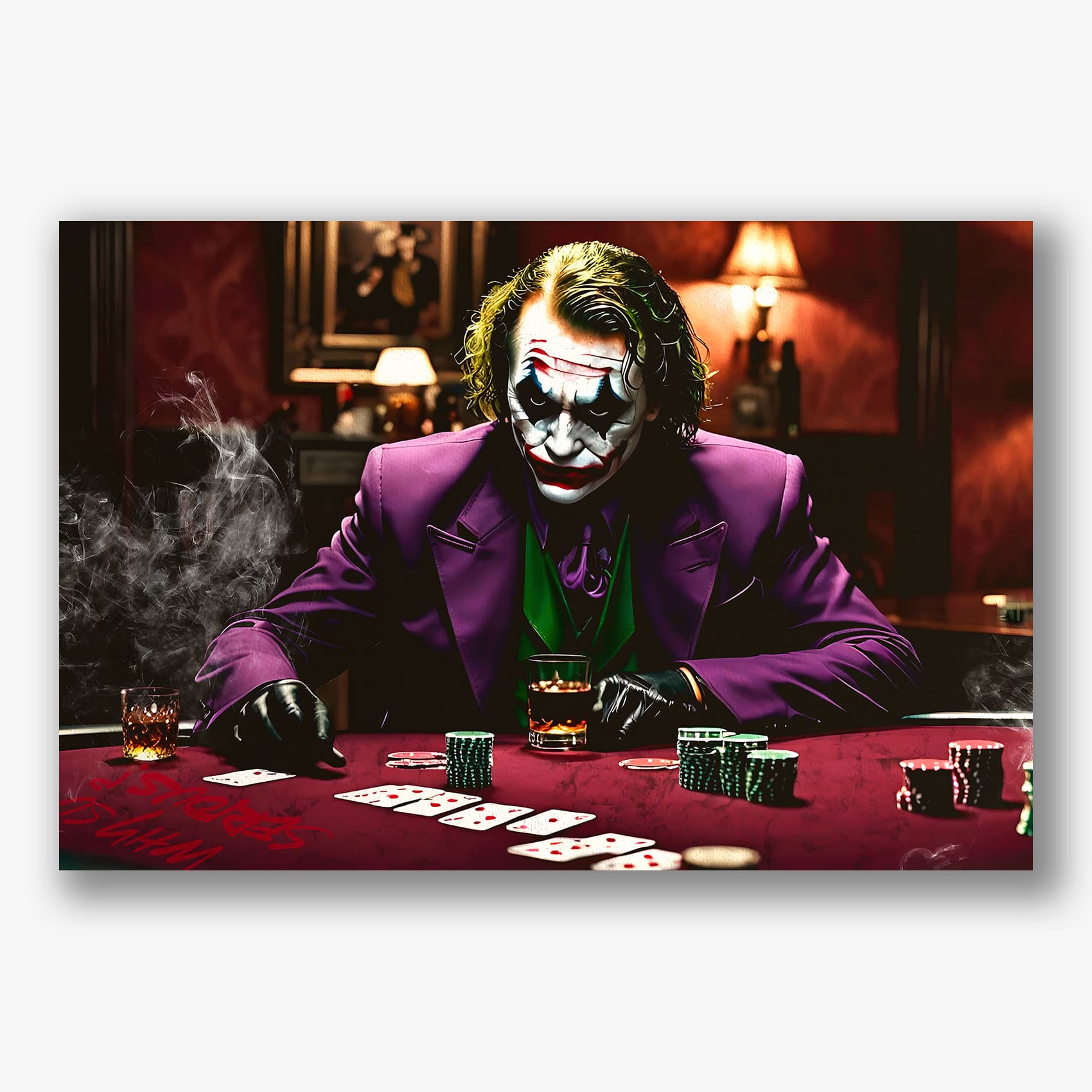 Gangster schilderij van de Joker met kaarten en whiskey op canvas materiaal.