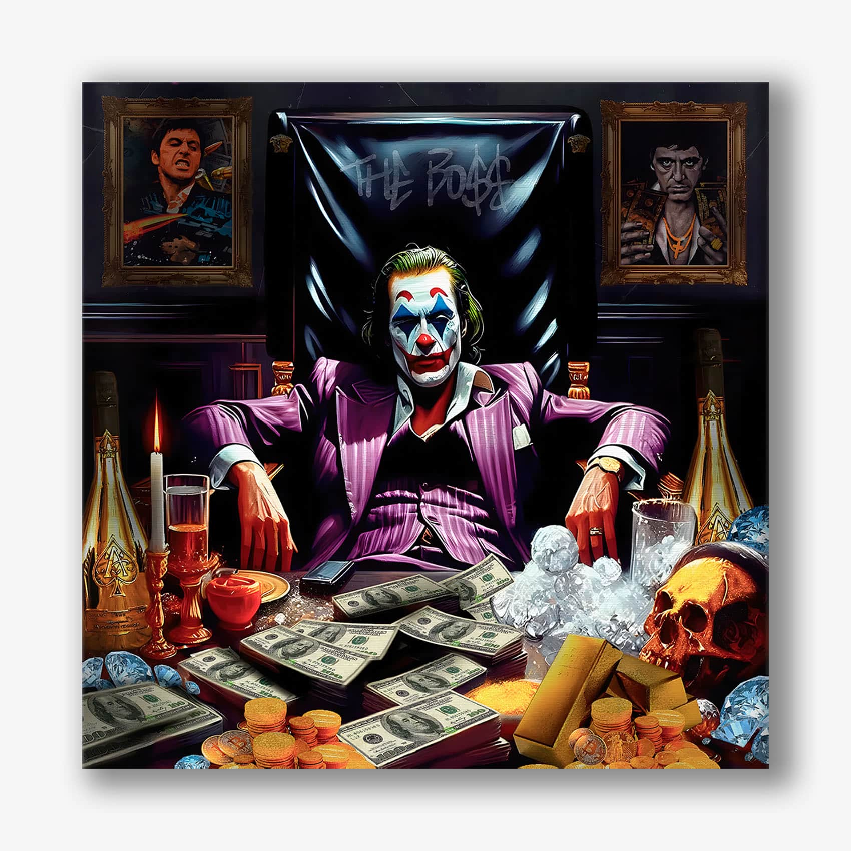 Canvas schilderij van de Joker met geld en goudstaven op tafel