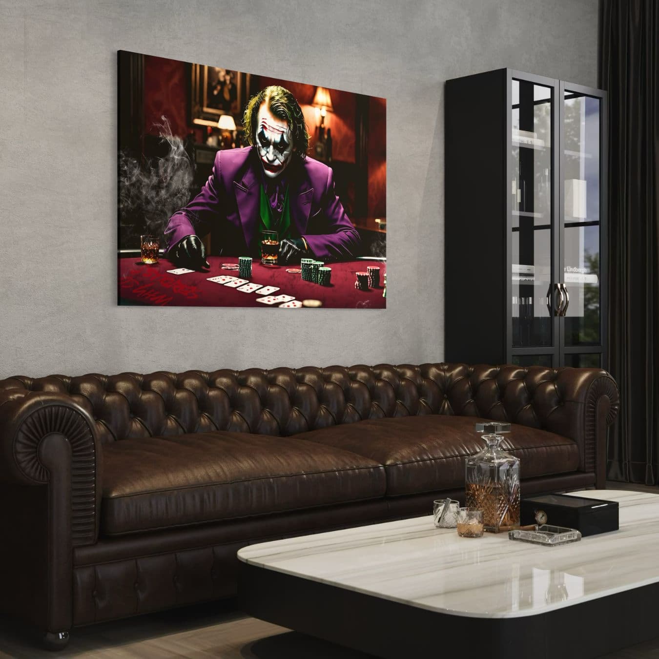 Industrieel interieur met dibond schilderij van Joker aan speeltafel met kaarten.