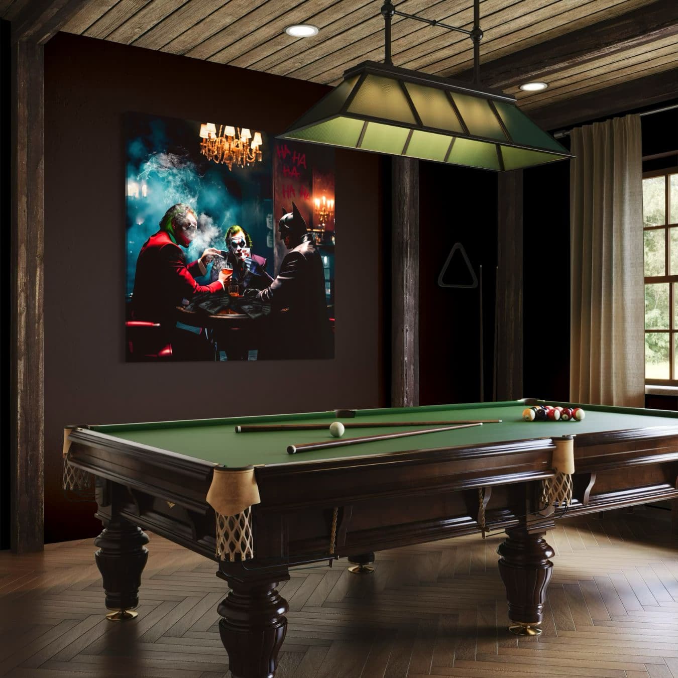 Dibond schilderij met Joker en Batman in sfeervolle mancave setting