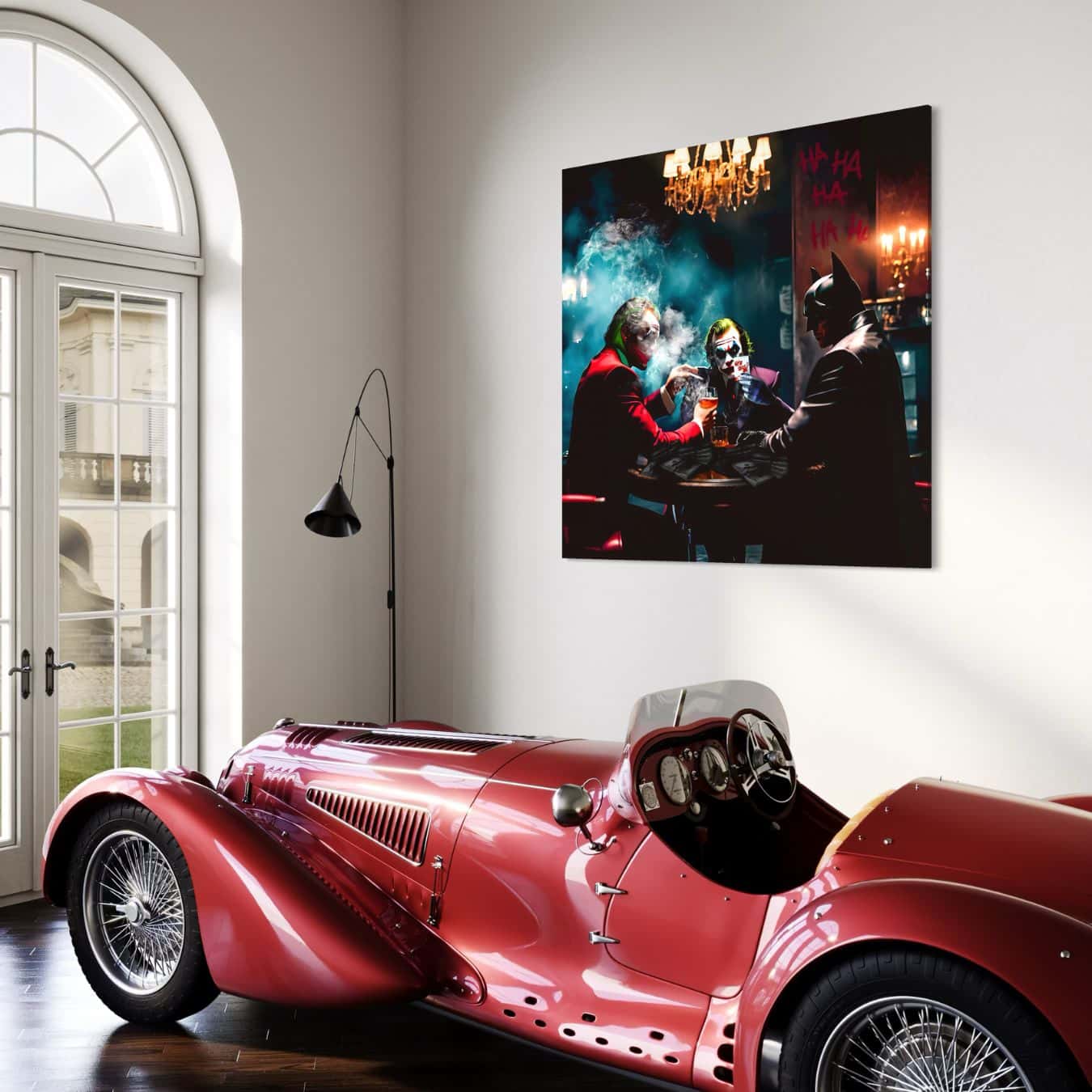 Plexiglas schilderij van Joker scène boven klassieke rode sportauto