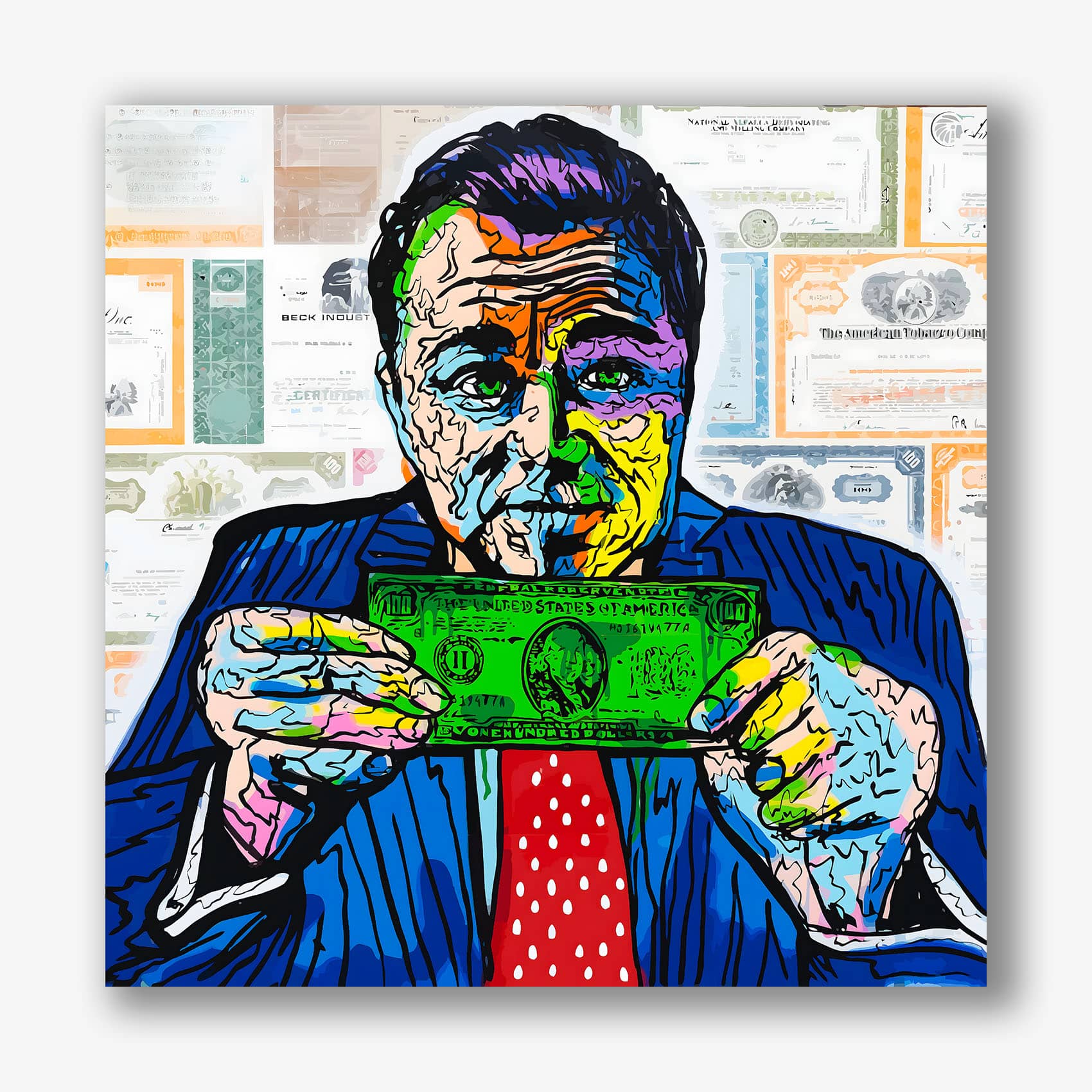 Popart schilderij van Jordan Belfort met felgroen dollarbiljet.