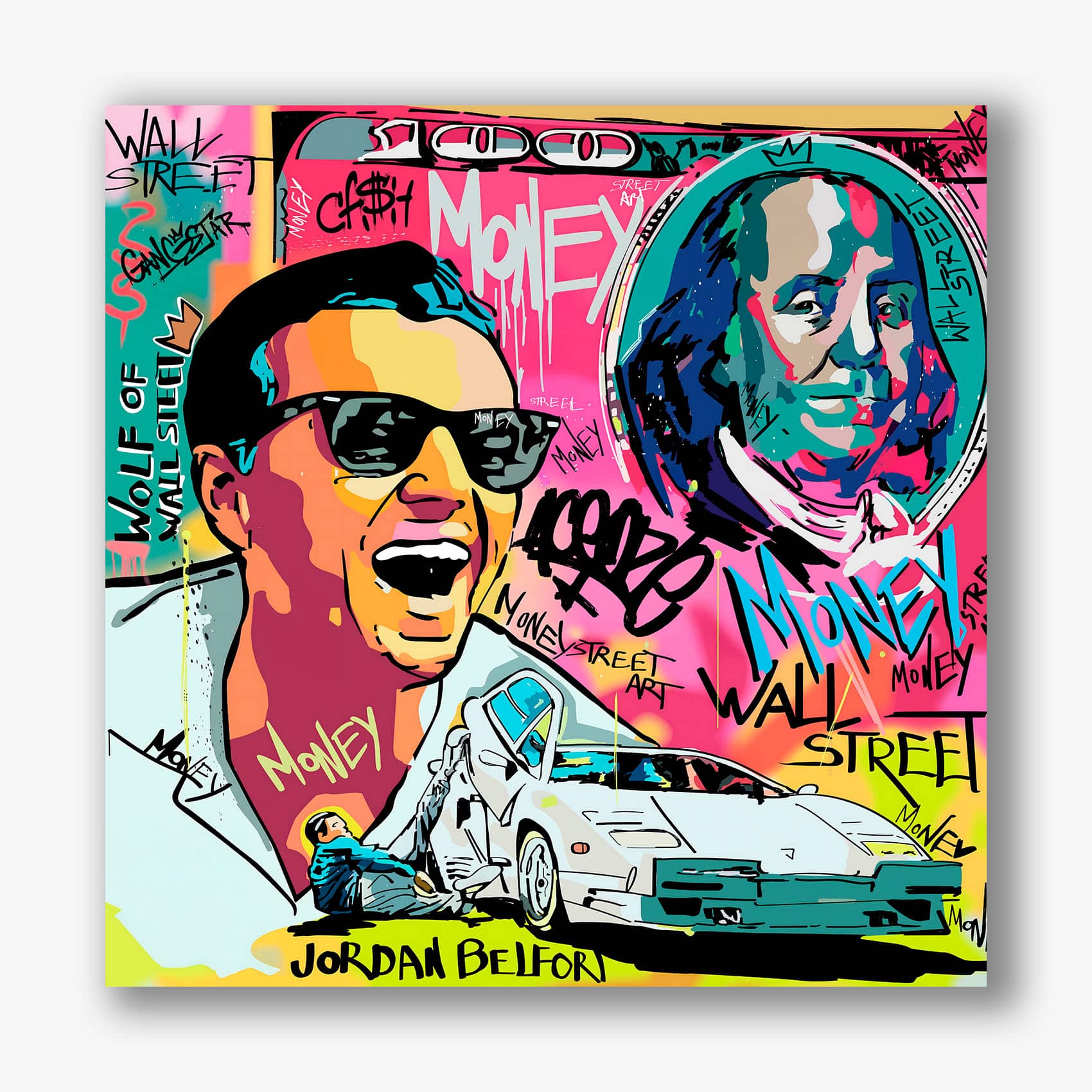 Popart schilderij met Jordan Belfort en graffiti dollar elementen.