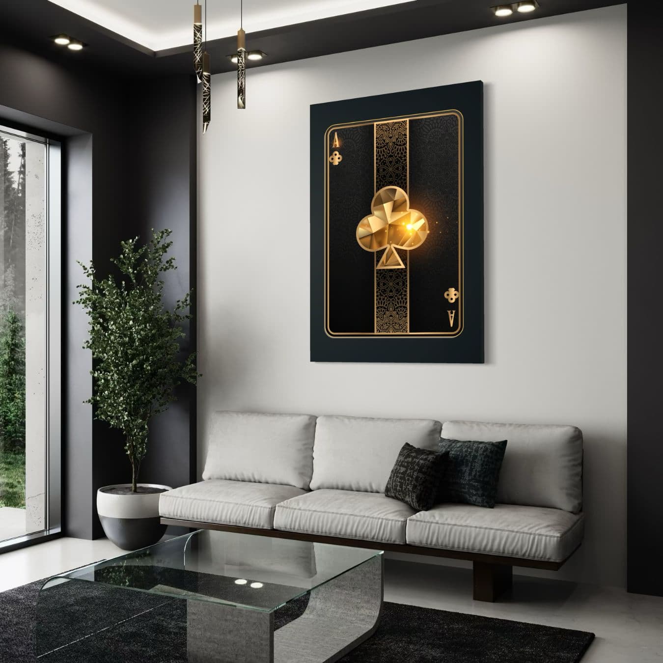 Canvas schilderij van klaveren aas kaart in goud boven moderne bank.