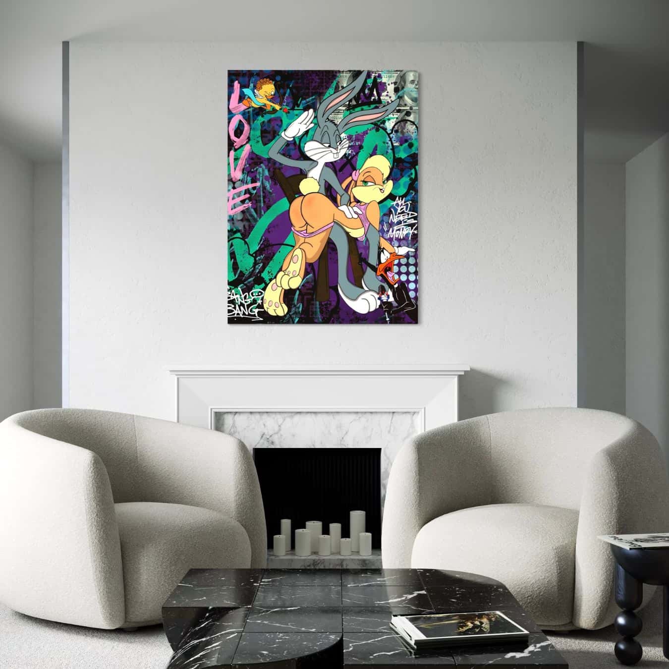 Kleurige wanddecoratie op canvas met Bugs en Lola Bunny