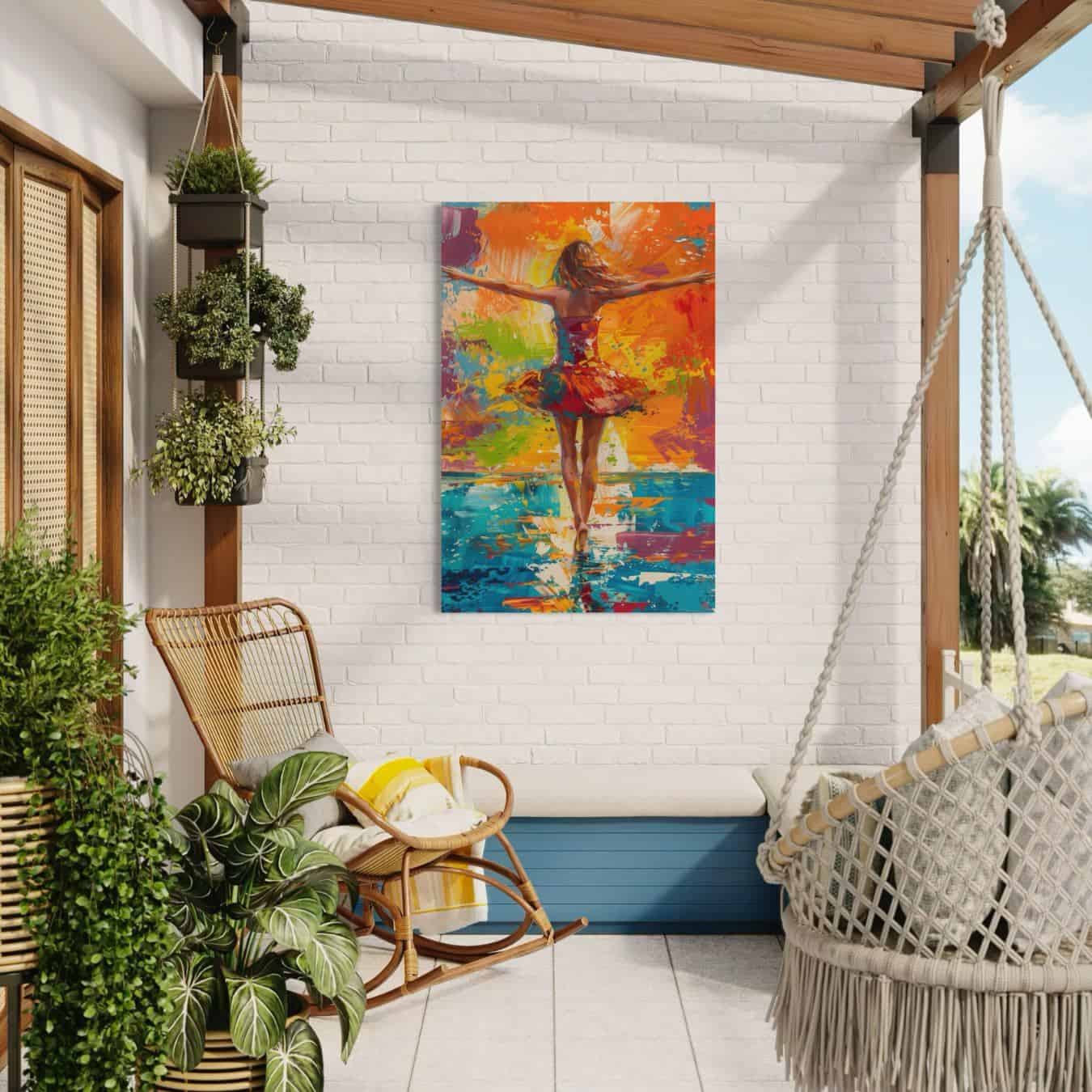 Schilderij van een kleurrijke dansende vrouw opgehangen aan witte muur