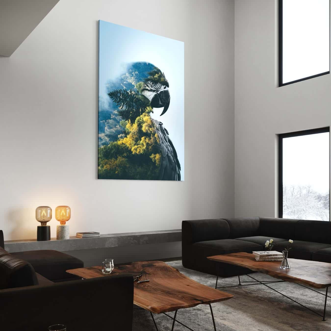 Plexiglas kunstwerk papegaai en bos perfect gecombineerd