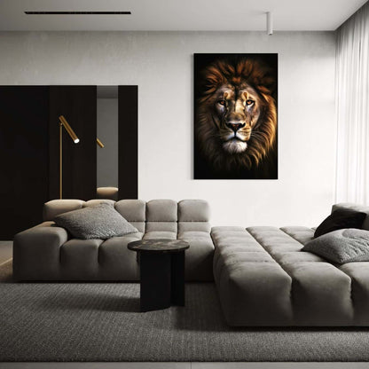 Stoere wanddecoratie van een leeuw op een moderne dibond plaat voor interieur.