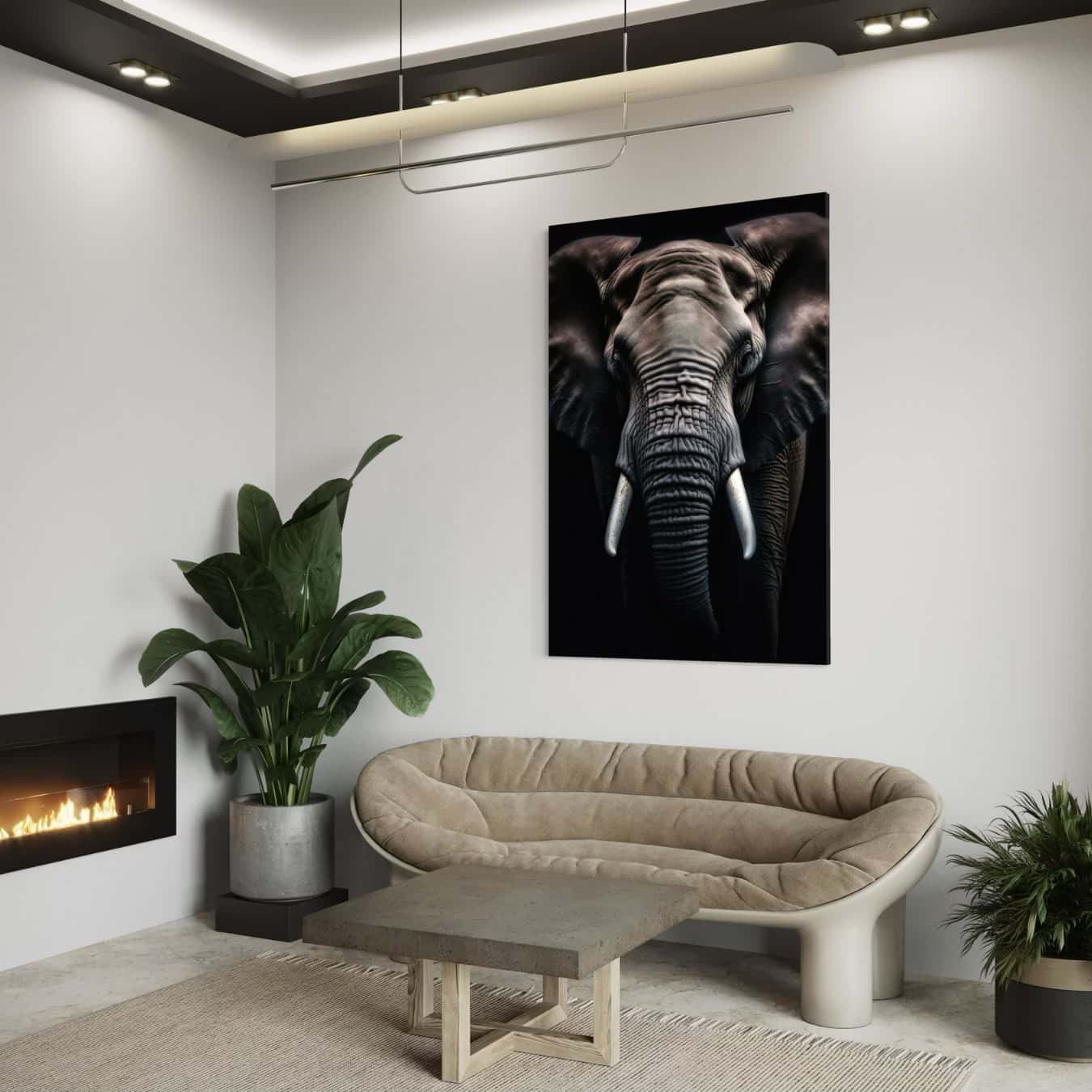 schilderij van een olifant in interieur met plant en open haard