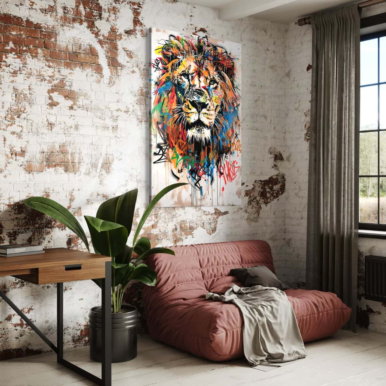Stoere graffiti leeuw op bakstenen muur in modern industrieel interieur