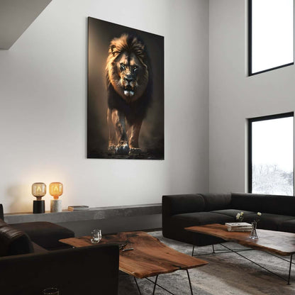 Stijlvolle leeuw wandkunst in moderne zithoek