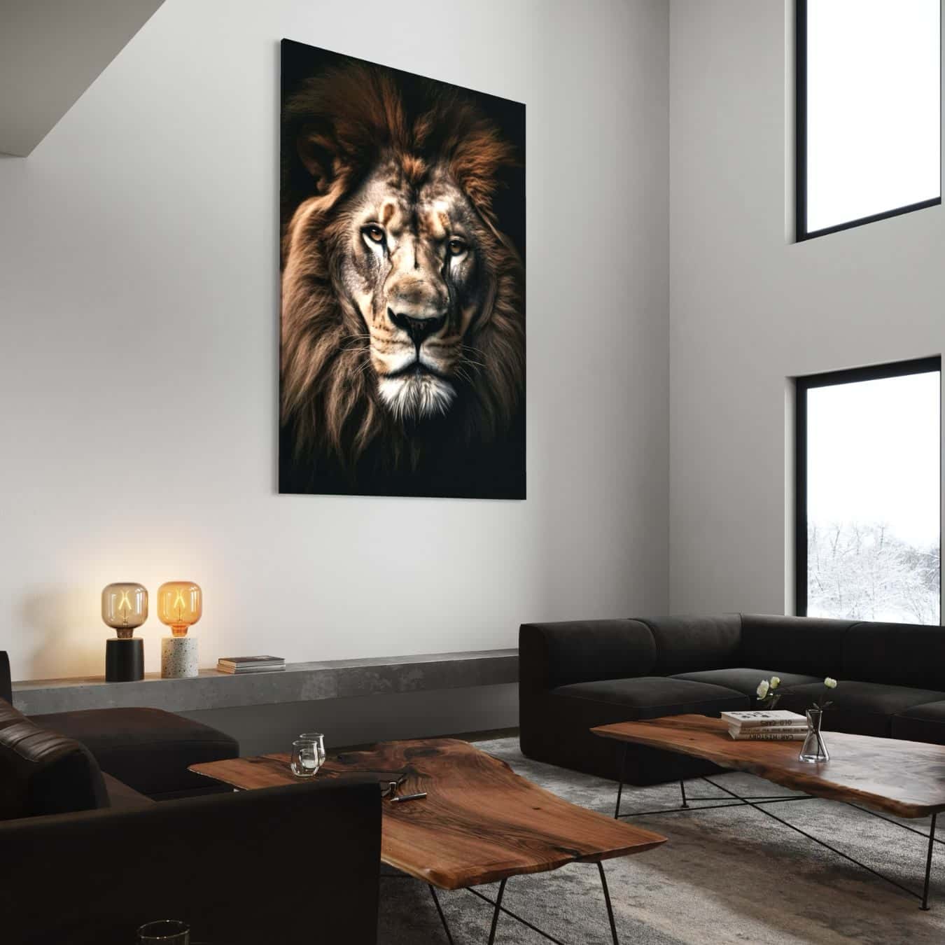 Schitterende muurdecoratie van een leeuw op canvas, ideaal voor interieur kunst.