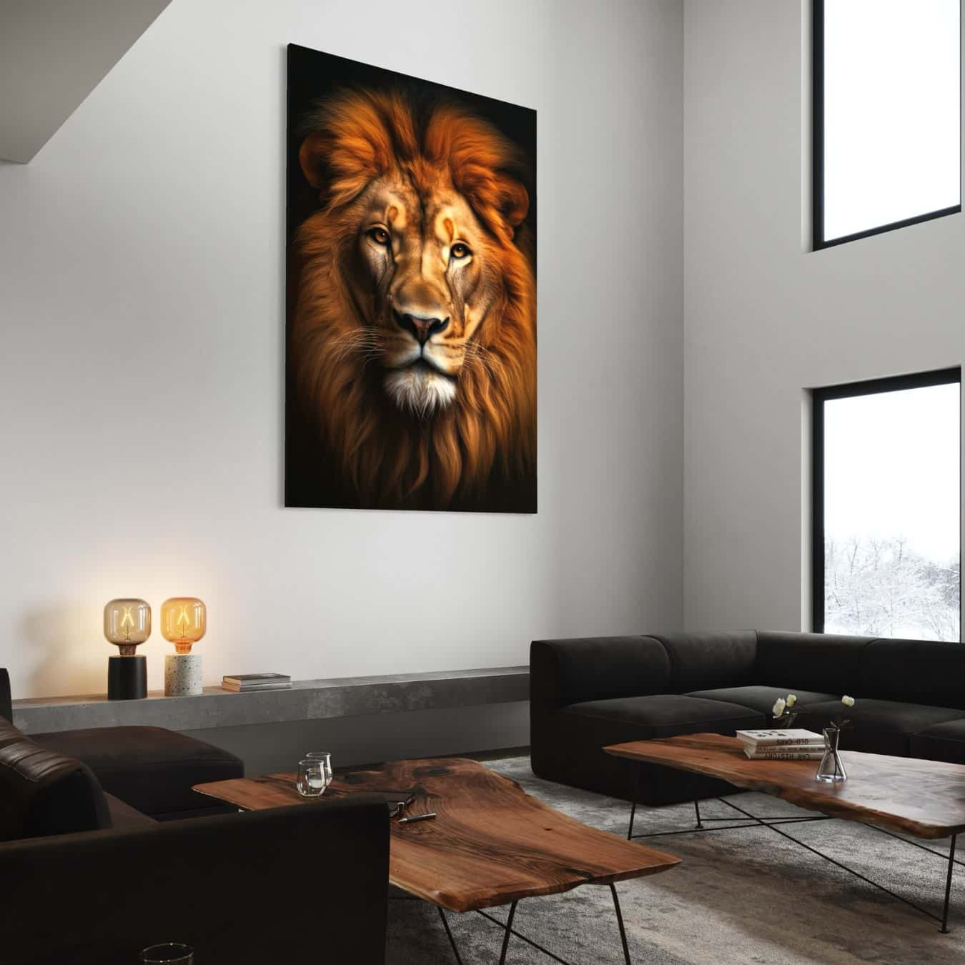 Dibond schilderij met krachtige leeuw als stijlvolle muurdecoratie moderne woonkamer