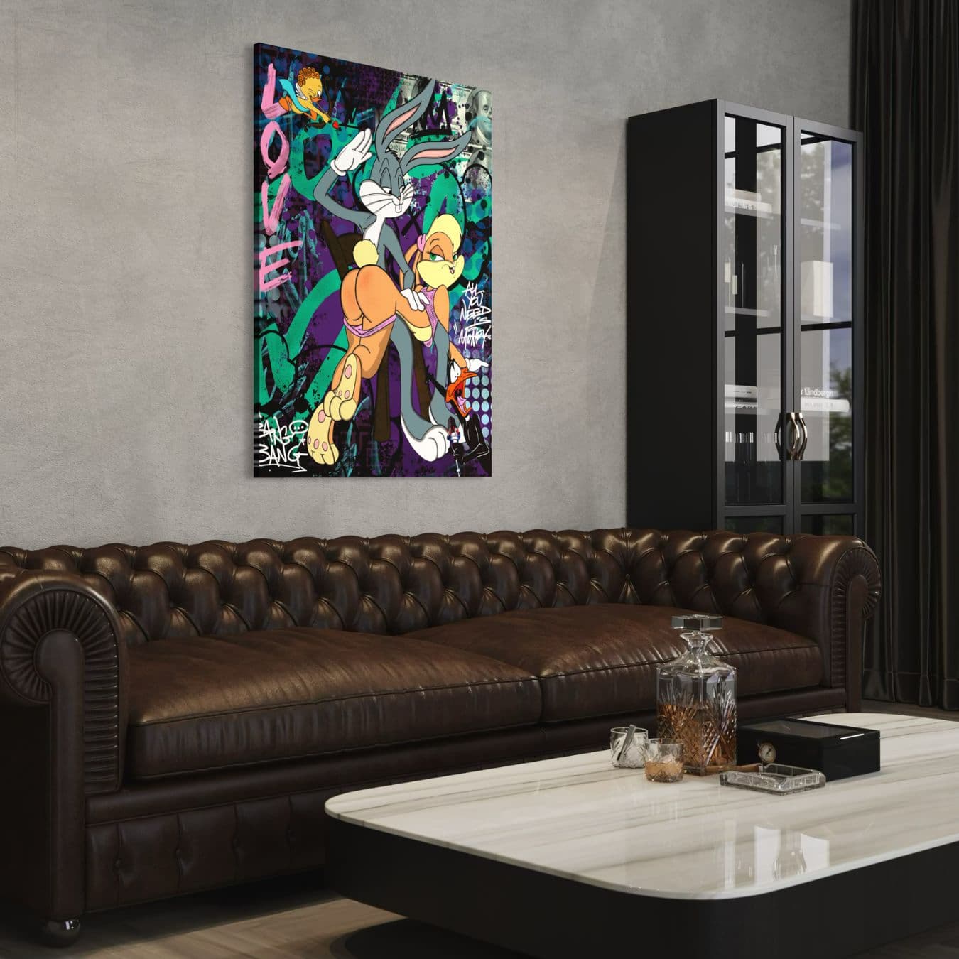 Plexiglas wanddecoratie met Bugs Bunny en Lola in popart stijl